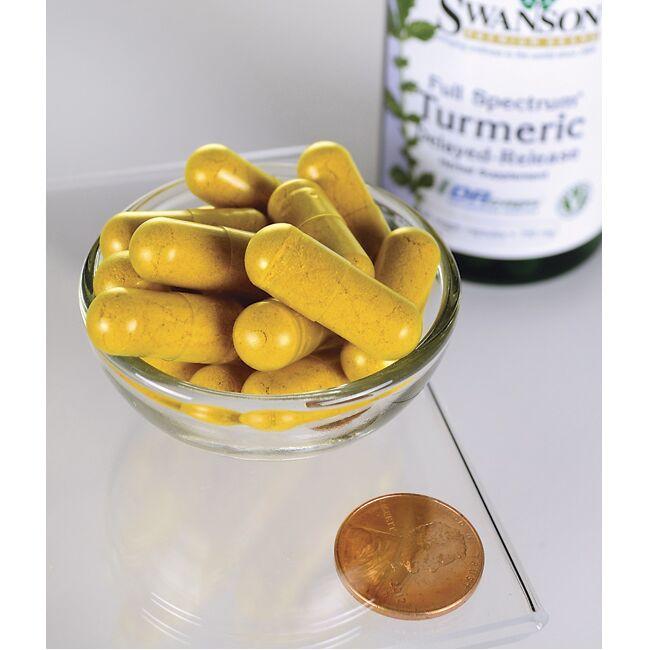 A penny sits beside a bowl filled with Swanson's Turmeric - Delayed Release - 750 mg 60 vege drcaps, providing digestive support.