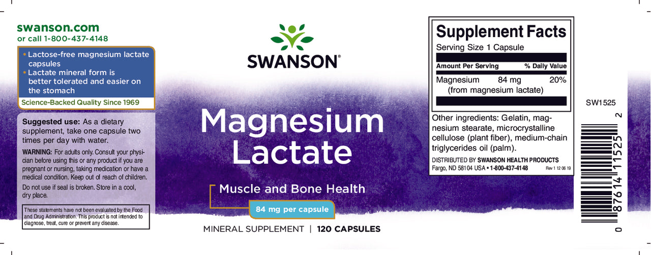 Swanson's Magnesium Lactate - 84 mg 120 capsules label.