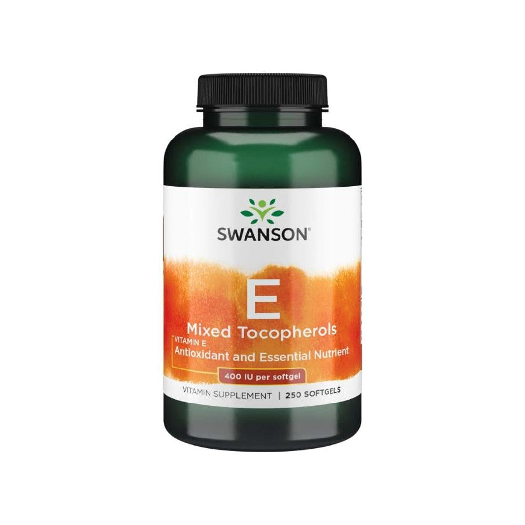 A bottle of Swanson Vitamin E - 400 IU 250 softgel Mixed Tocopherols, providing antioxidant support for cardiovascular health.