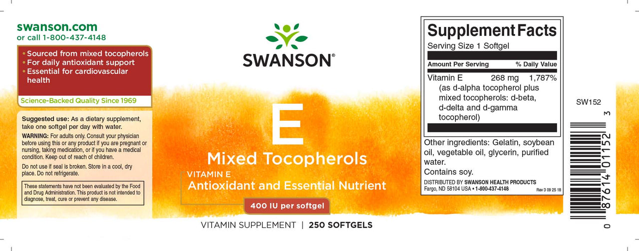 A label for the Swanson Vitamin E - 400 IU 250 softgel Mixed Tocopherols, providing antioxidant support for cardiovascular health with vitamin E.