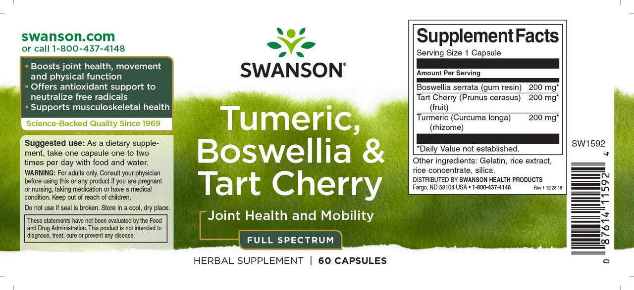 Get the ultimate joint support with Swanson's Turmeric, Boswellia & Tart Cherry - 60 capsules, featuring Ayurvedic ingredients known for their remarkable benefits. Harnessing the power of turmeric, this product offers exceptional joint support.