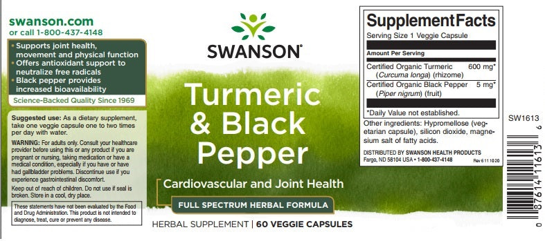 Organic full spectrum Swanson Turmeric & Black Pepper - 60 vege capsules enhanced with black pepper for increased curcumin's bioavailability.
