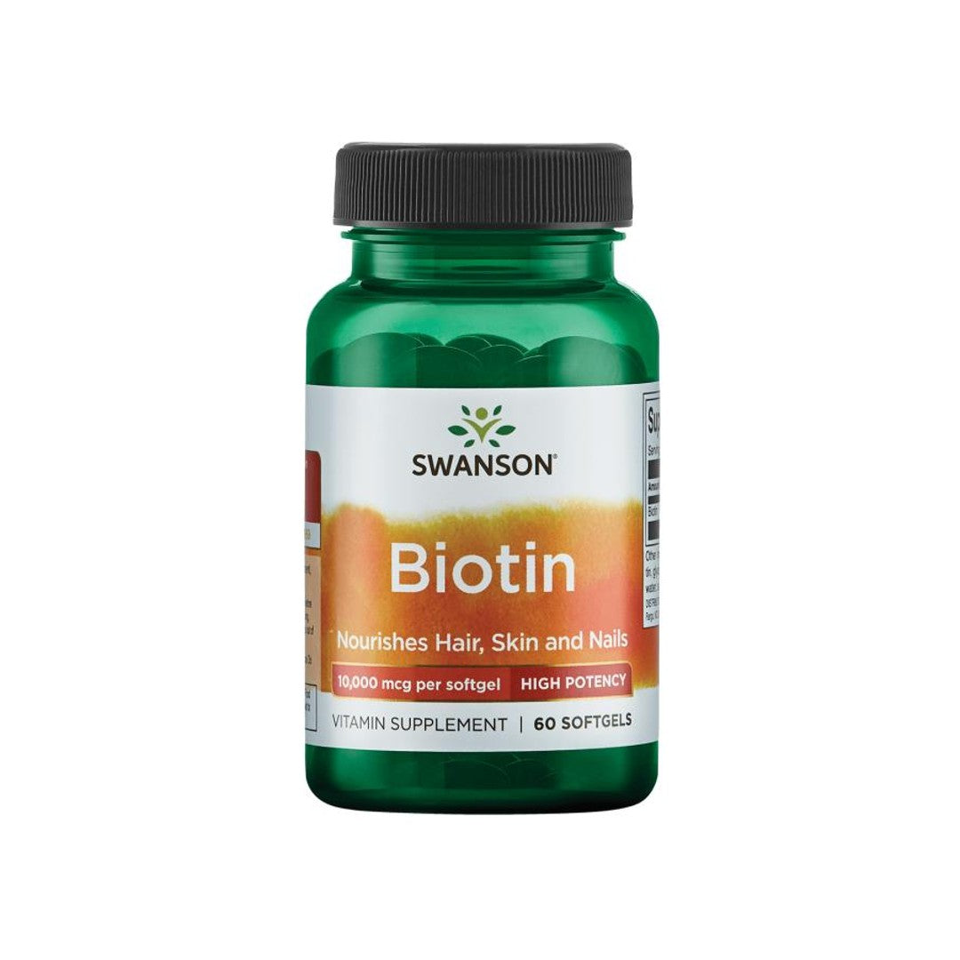 Swanson Biotin - 10000 mcg, a dietary supplement in 60 softgel form.
