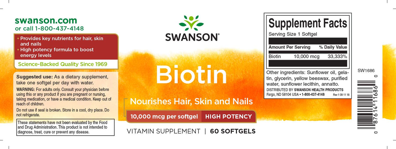 Swanson Biotin - 10000 mcg 60 softgel dietary supplement label.