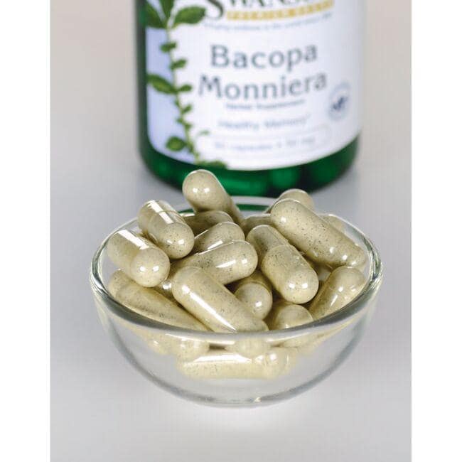Swanson's Bacopa Monnieri dietary supplement - 50 mg 90 capsules in a bowl next to a bottle.