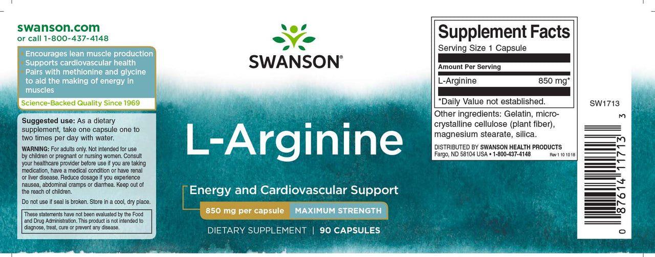 L-Arginine - 850 mg 90 capsules - label
