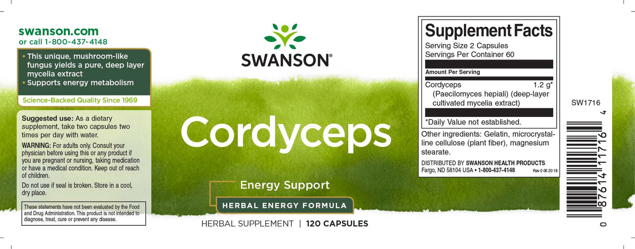 A label for Swanson Cordyceps - 600 mg 120 capsules.