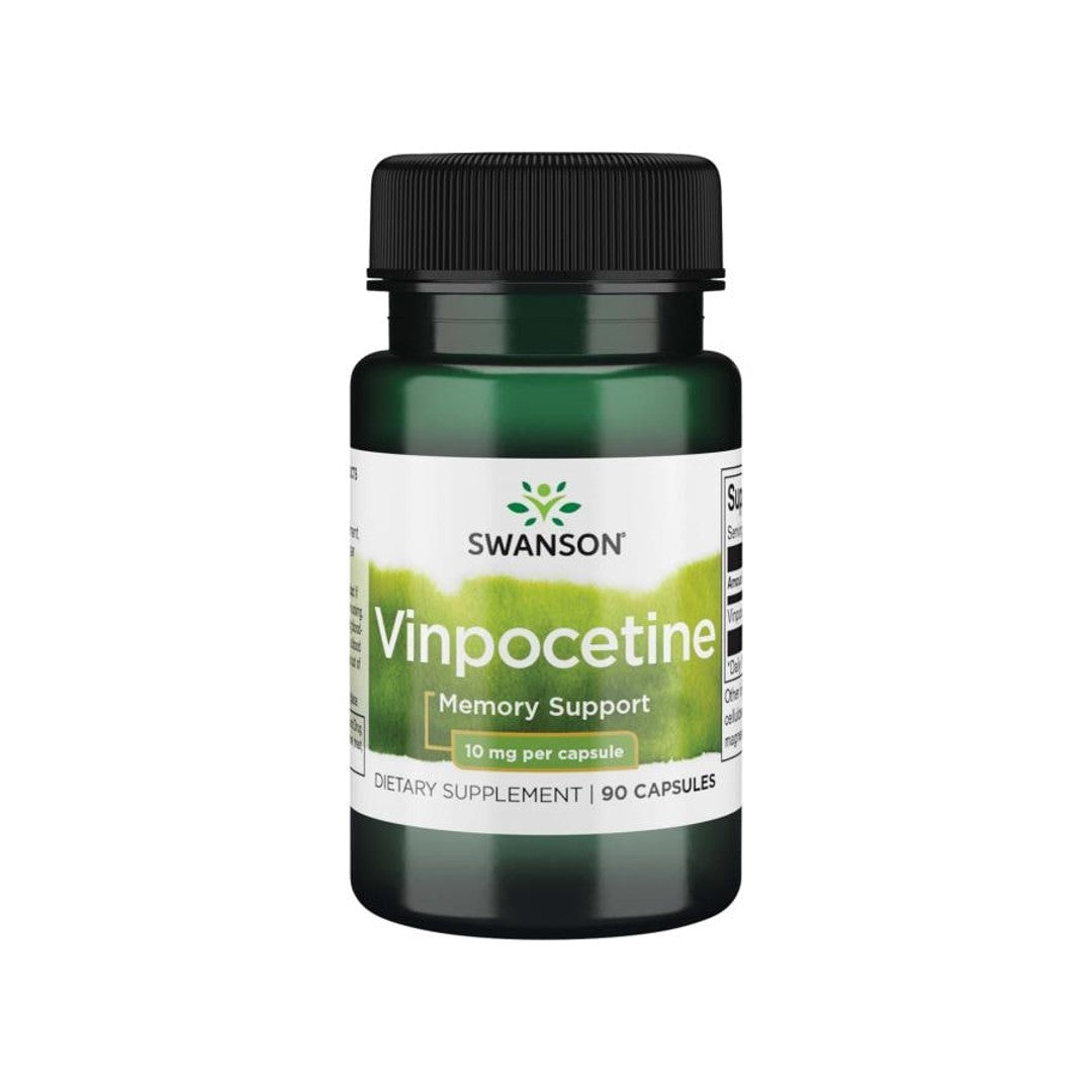 A bottle of Swanson Vinpocetine - 10 mg 90 capsules supplement with a white background.