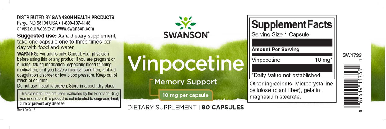 Swanson Vinpocetine - 10 mg 90 capsules supplement for mental support and healthy memory.