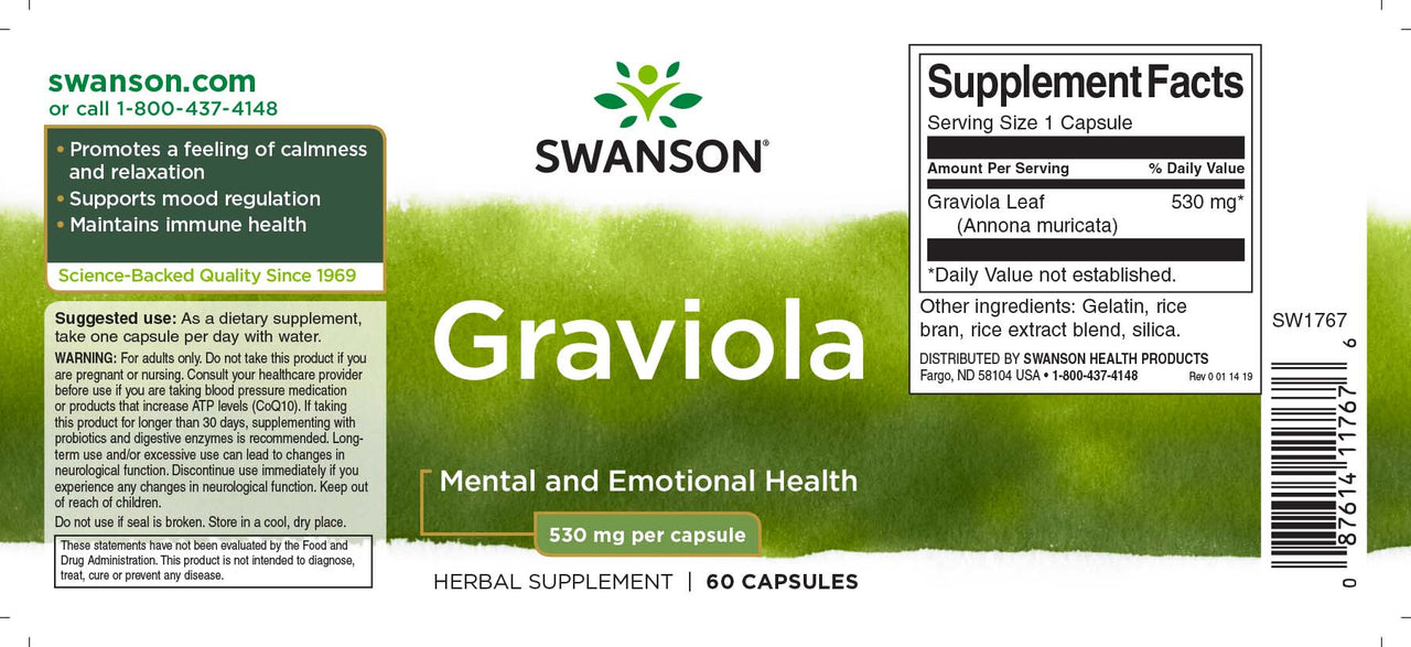 A label for Swanson Graviola - 530 mg 60 capsules.