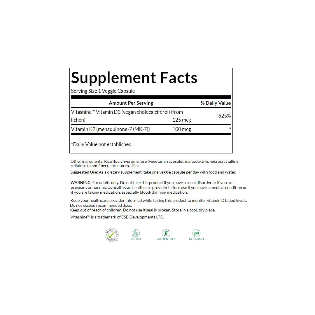 A label for a supplement, Swanson's Extra Strength D3 (5000 IU) & K2 (100 mcg) 60 veggie caps.