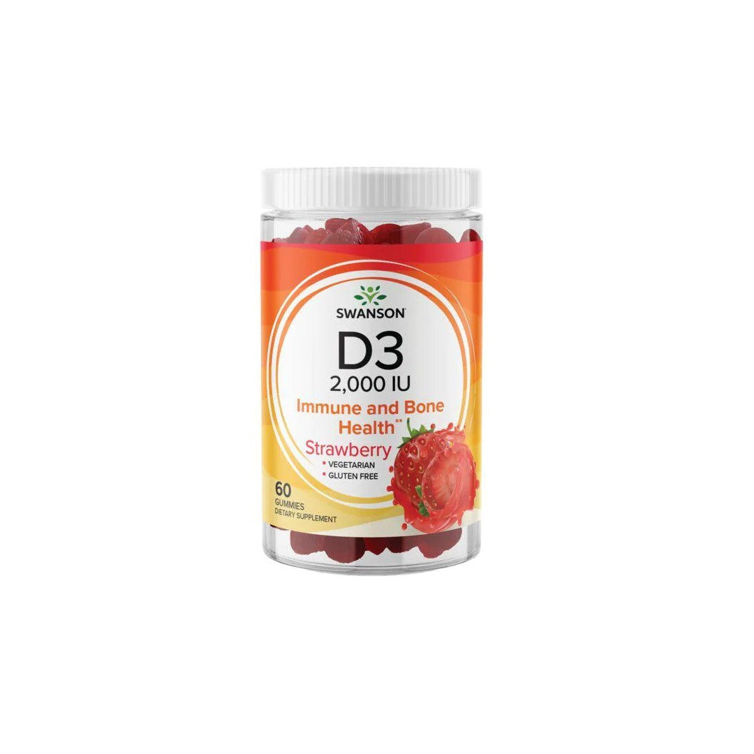 A bottle of Swanson Vitamins D3 2000 IU 60 gummies - Strawberry for immune wellness and bone health.
