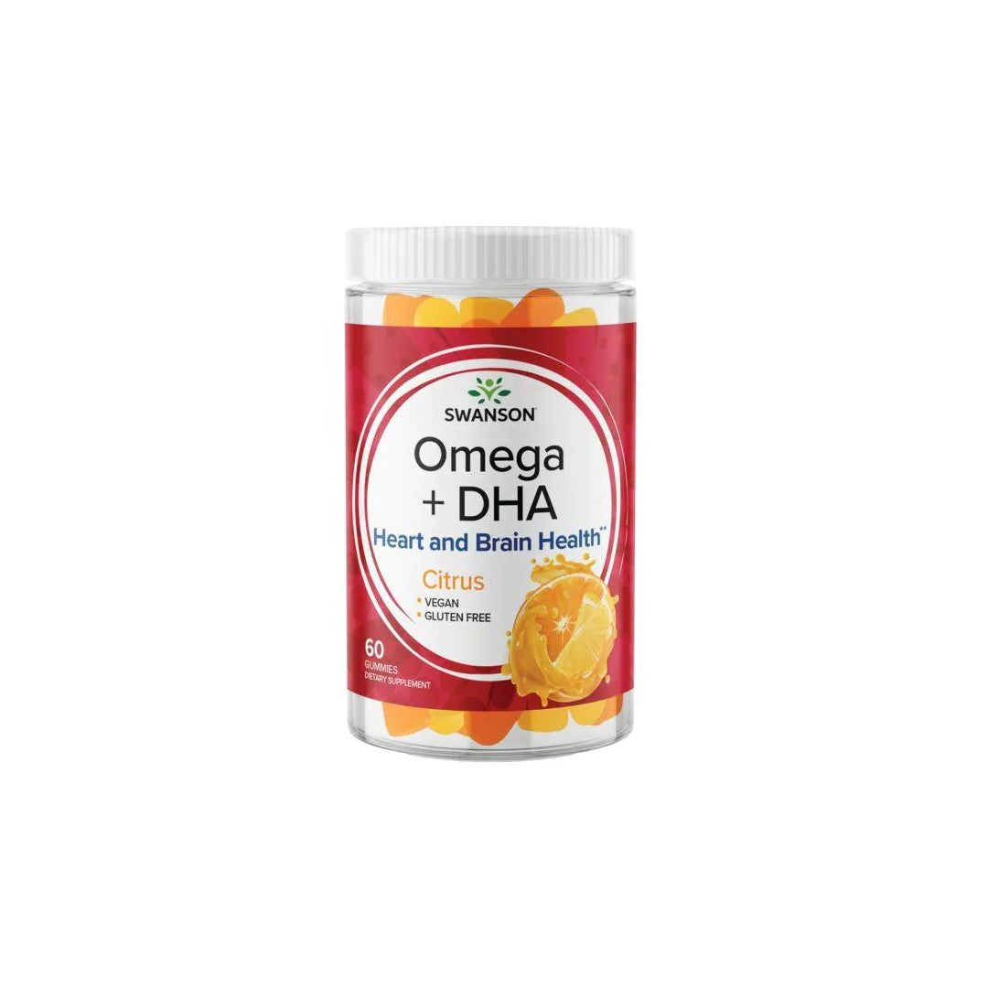 A jar of Swanson Omega plus DHA 60 gummies - Citrus on a white background, providing essential fatty acids for promoting heart health and managing cholesterol and triglyceride levels.