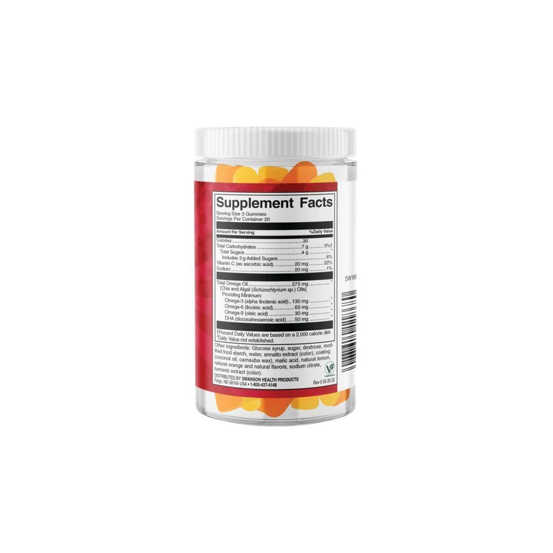 A jar of Omega plus DHA 60 gummies - Citrus by Swanson featuring essential fatty acids on a white background.