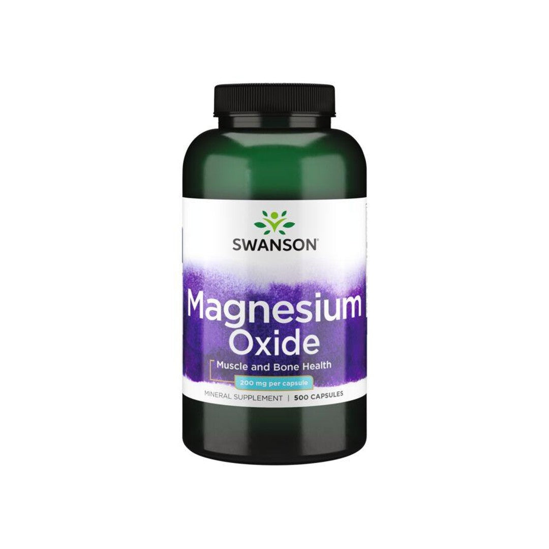 A bottle of Swanson Magnesium Oxide - 200 mg 500 capsules.