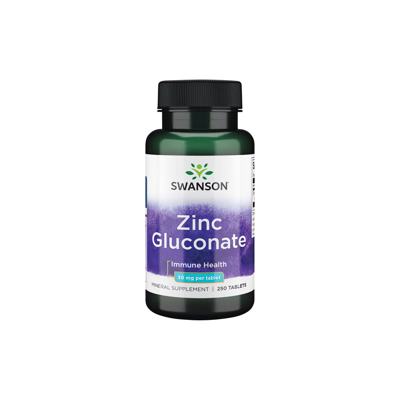 Bottle of Swanson Zinc Gluconate 30 mg 250 Tablets dietary supplement for daily wellness, containing 250 tablets for immune health.