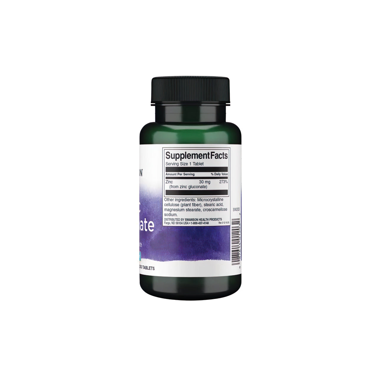 A bottle of Swanson Zinc Gluconate 30 mg 250 Tablets showing supplement facts label for Daily Wellness.