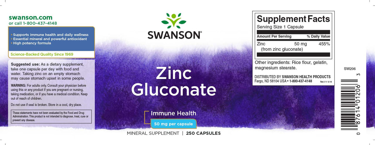 This label provides information about Swanson's dietary supplement Zinc Gluconate - 50 mg 250 capsules, which supports immune health.