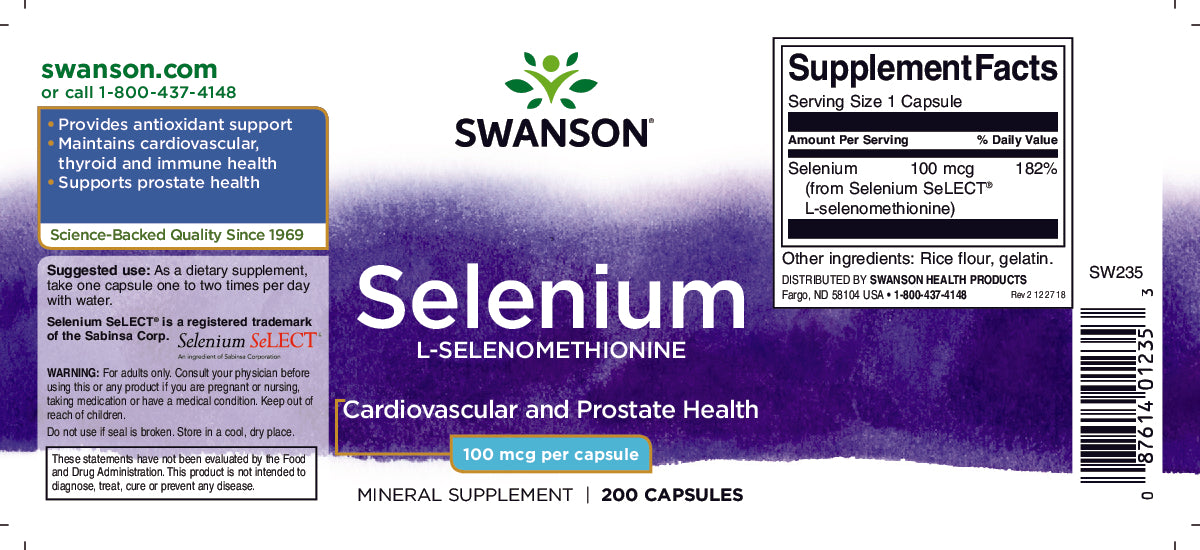 Swanson's Selenium - 100 mcg 200 capsules L-Selenomethionine bottle is a high-quality antioxidant support product. It promotes cardiovascular health and provides excellent prostate health benefits.
