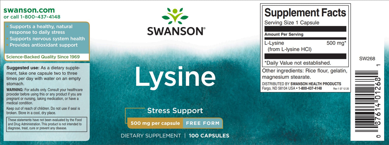 L-Lysine - 500 mg 100 capsules - label