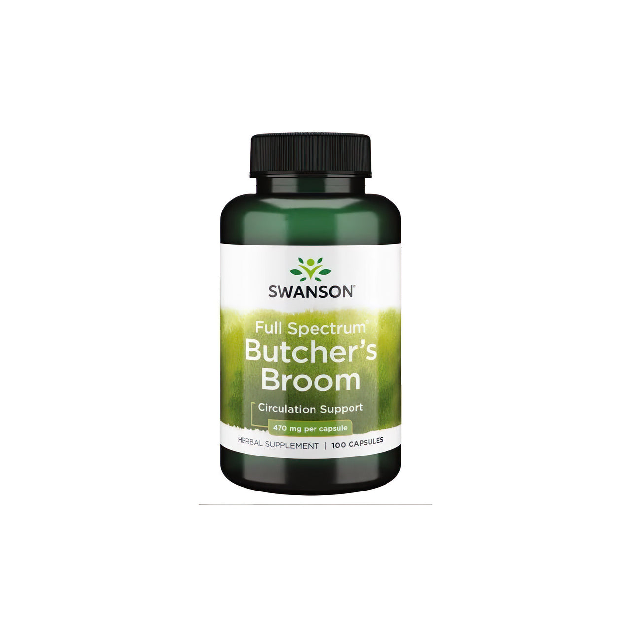 A dietary supplement bottle of Swanson's Butcher's Broom with 470 mg in 100 Caps.