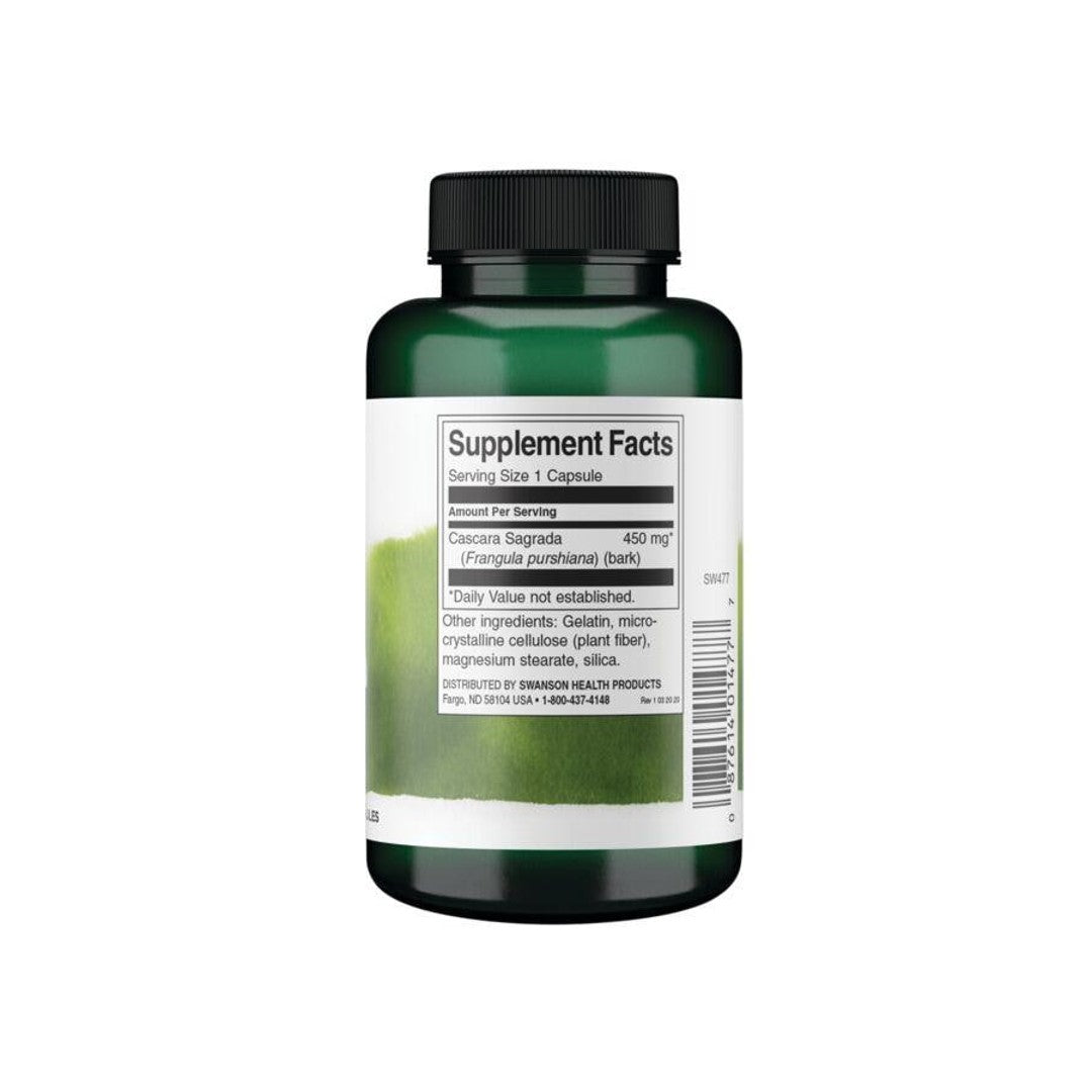 A bottle of Cascara Sagrada - 450 mg 100 capsules by Swanson.