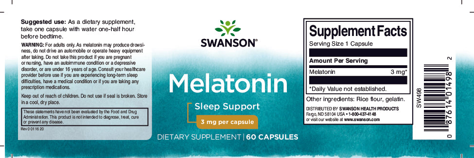 A bottle of Swanson Melatonin - 3 mg 60 capsules for sleep support.