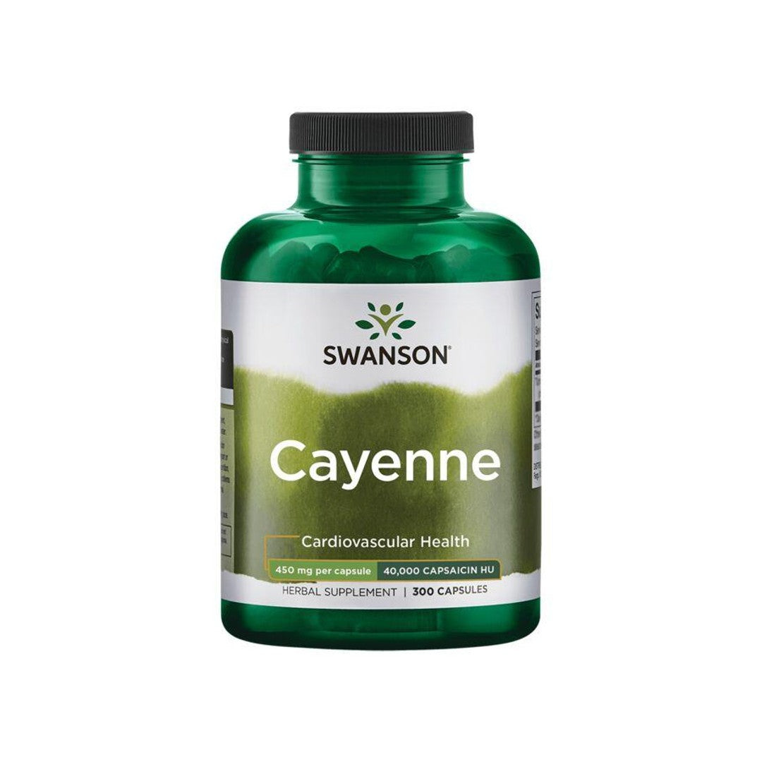 A Swanson green bottle with a white label containing Cayenne - 450 mg 300 capsules.