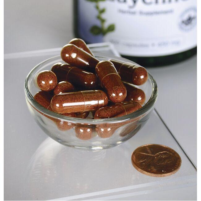 A bowl of Swanson Cayenne - 450 mg 300 capsules and a penny.