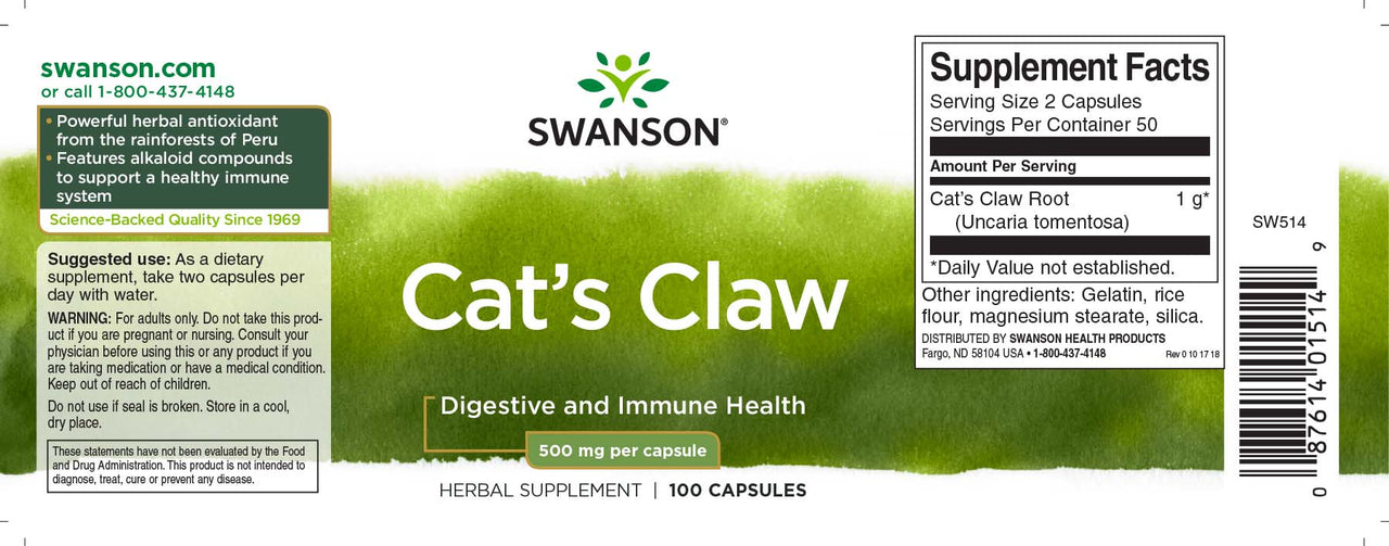 Swanson's Cats Claw - 500 mg 100 capsules supplement label.