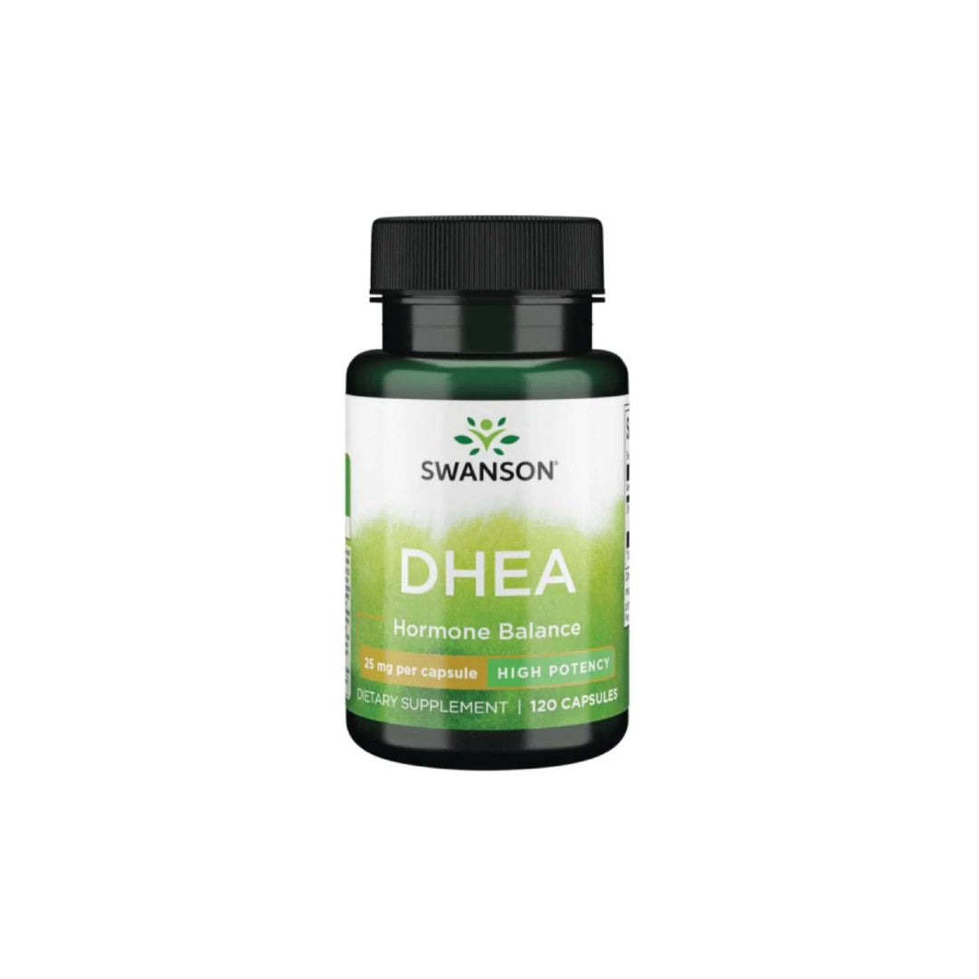 A bottle of Swanson DHEA - High Potency - 25 mg 120 capsules.