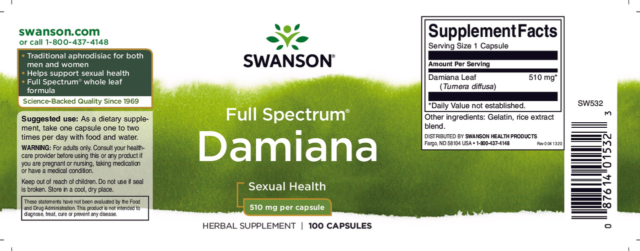 A label for Swanson's Damiana - 510 mg 100 capsules.