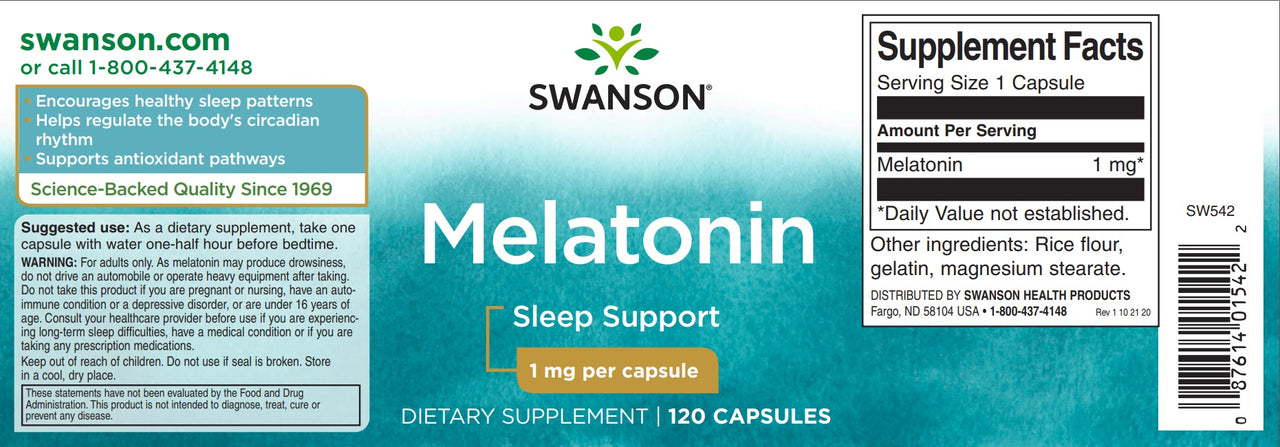 The label for Swanson Melatonin - 1 mg 120 capsules.