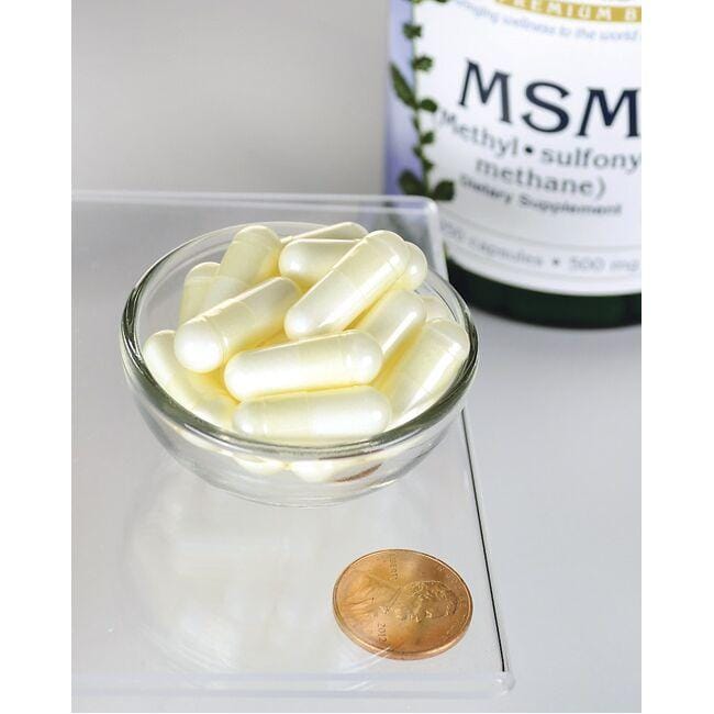 Swanson MSM - 500 mg 250 tabs in a bowl next to a penny promoting joint and hair health.