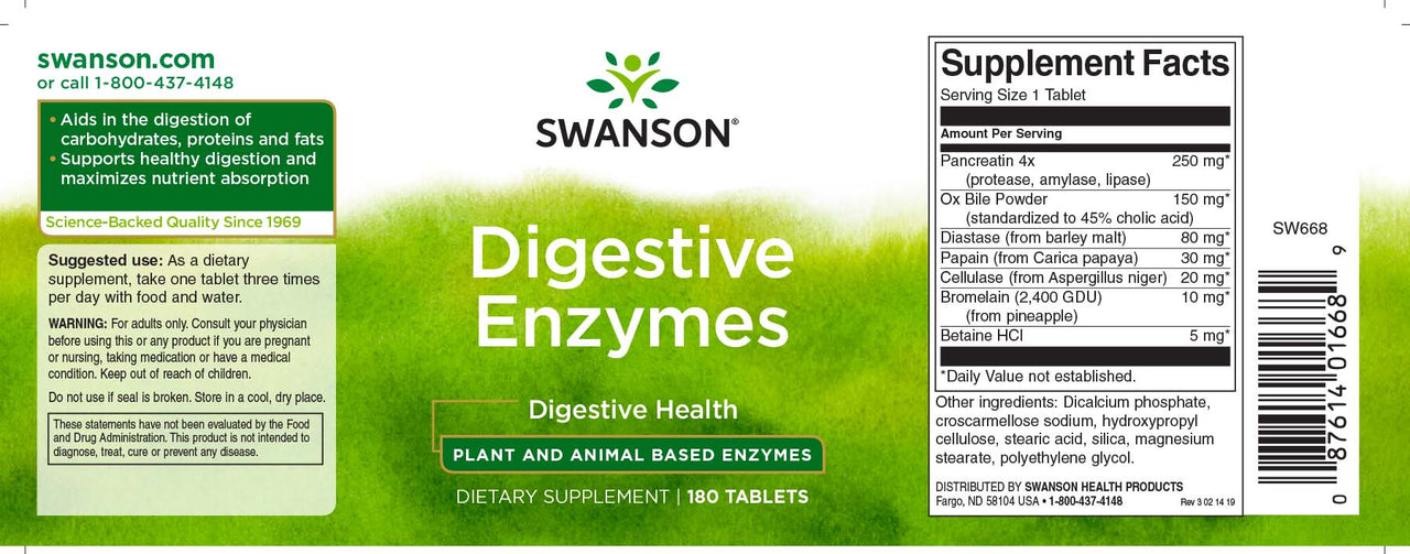 A label for Swanson Digestive Enzymes - 180 tabs.