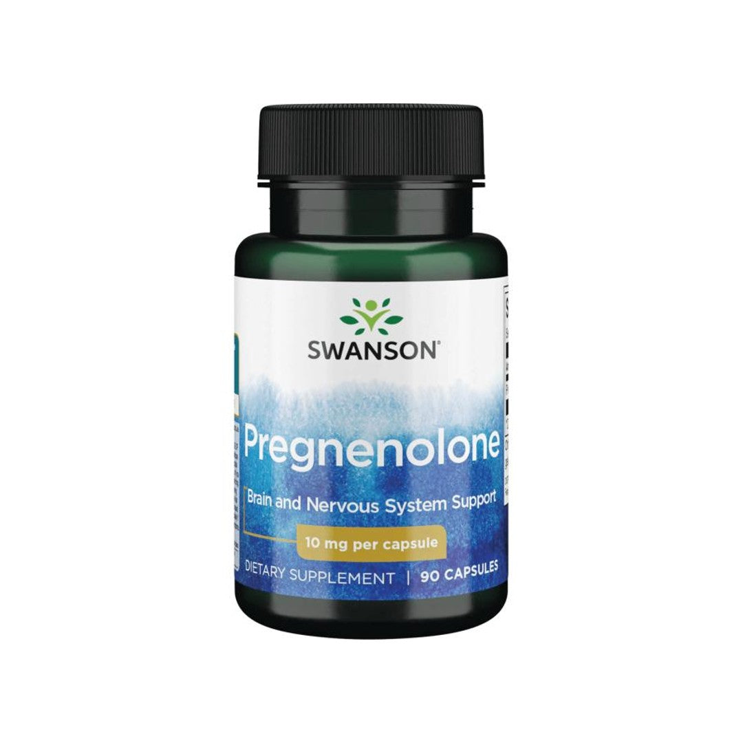 A bottle of Swanson's Pregnenolone - 10 mg 90 capsules.