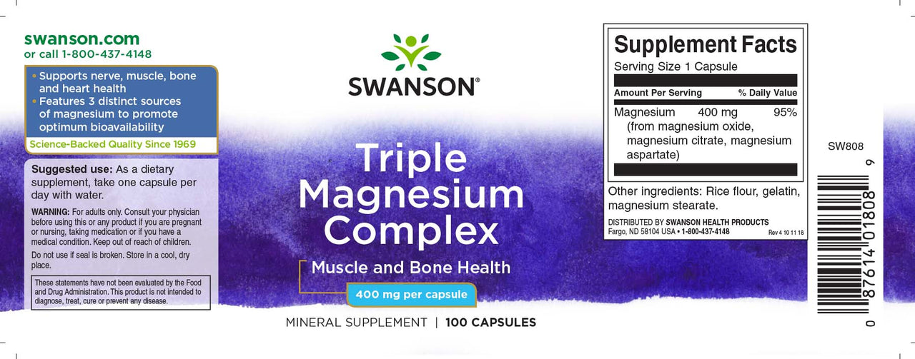 A label for Swanson Triple Magnesium Complex - 400 mg 100 capsules, formulated to support mental relaxation and combat daily stress.