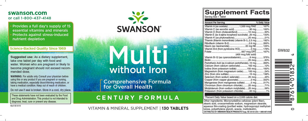 The label for Swanson Multi without iron - 130 tabs provides essential minerals and vitamins to fill nutritional gaps.