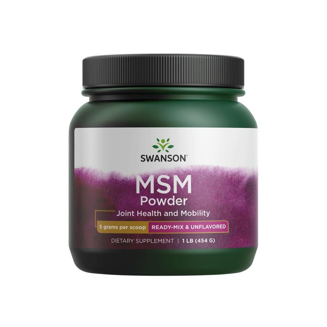 A bottle of Swanson MSM powder - 454 grams pwdr, known for its benefits to joint health and joint integrity, showcased on a pristine white background.