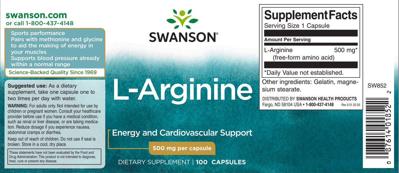 L-Arginine - 500 mg 100 capsules - label