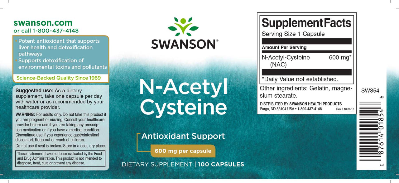Swanson N-Acetyl Cysteine - 600 mg 100 capsules supplement is an antioxidant that supports liver health and aids in detoxification.