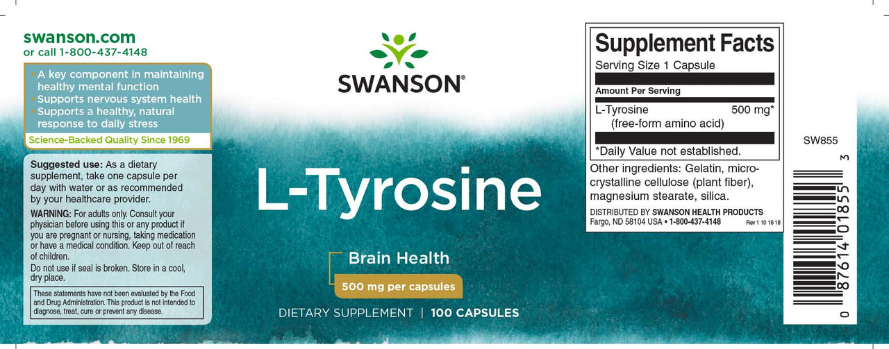 L-Tyrosine - 500 mg 100 capsules - label