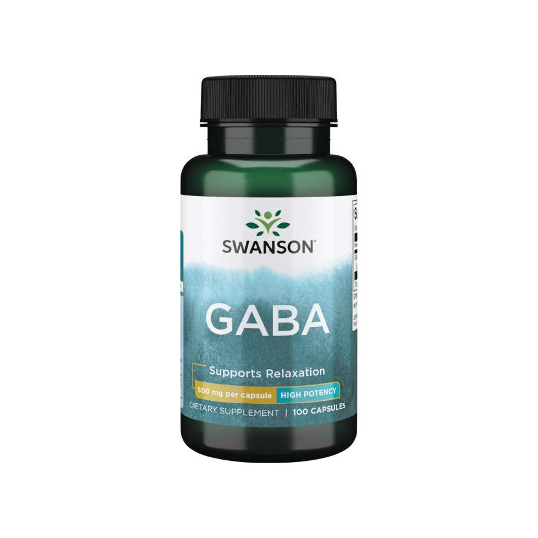 A bottle of Swanson GABA - 500 mg 100 capsules.