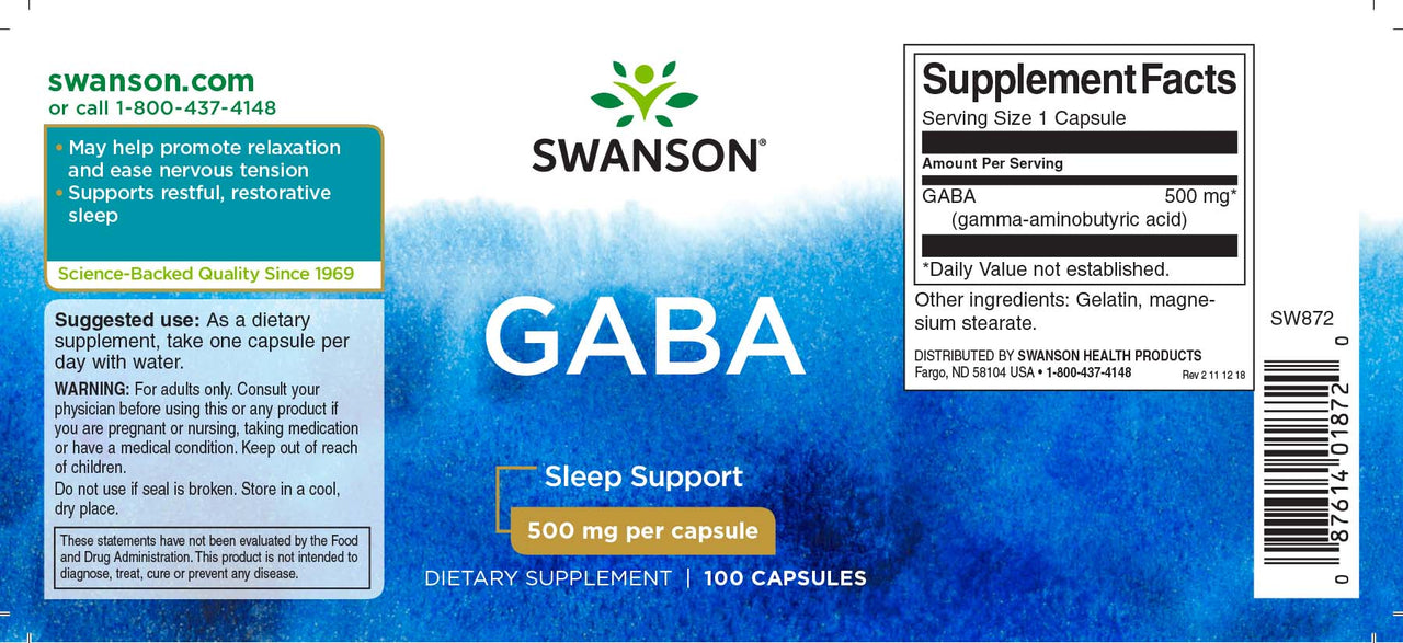 Swanson GABA - 500 mg 100 capsules supplement label.