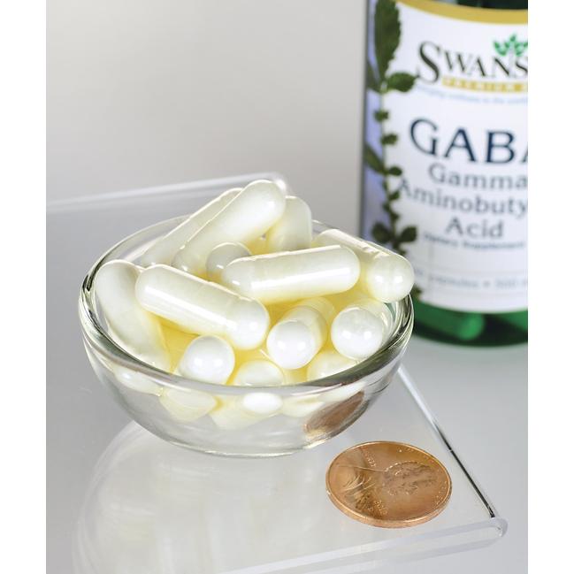 A bottle of Swanson GABA - 500 mg 100 capsules and a penny next to it.