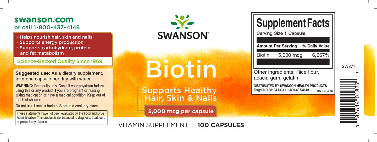 Swanson Biotin - 5 mg 100 capsules dietary supplement label.