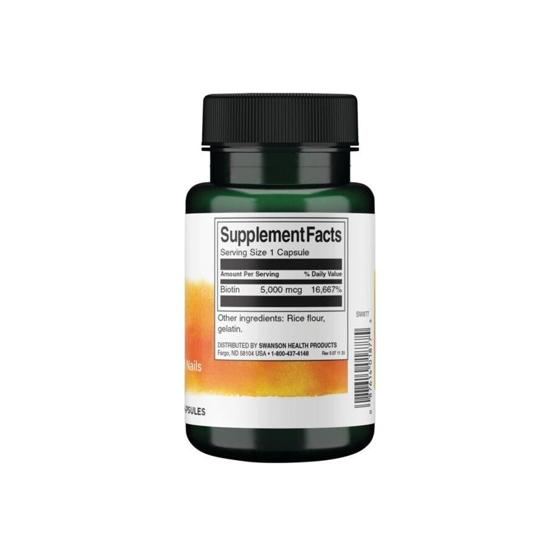 A dietary supplement bottle of Biotin - 5 mg 100 capsules by Swanson on a white background.