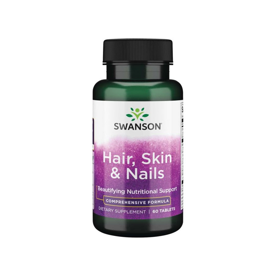 A bottle of Swanson Hair, Skin & Nails - 60 tabs.