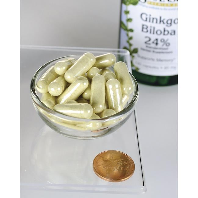 Swanson Ginkgo Biloba Extract 24% - 60 mg 120 capsules in a bowl next to a penny.
