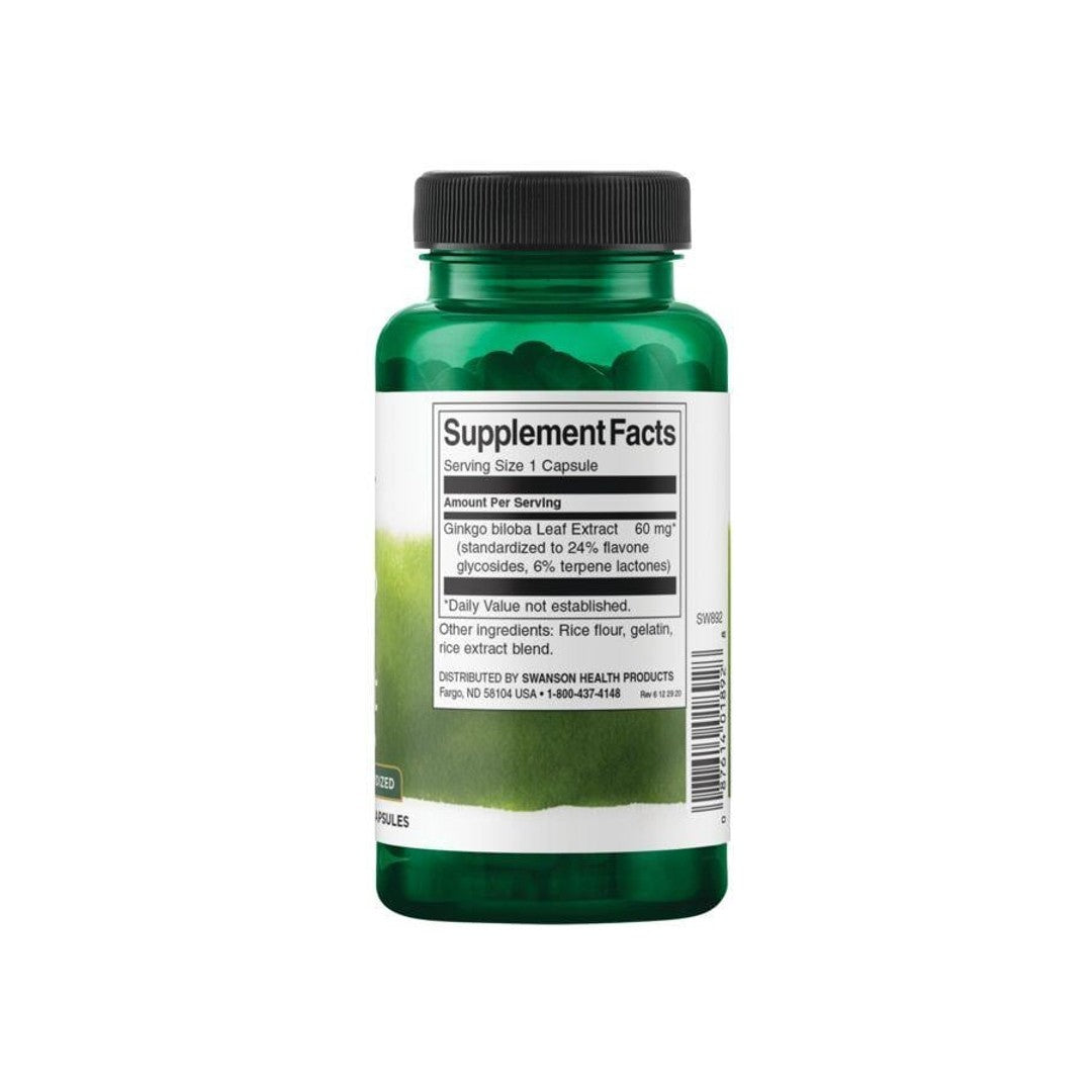 A bottle of Swanson's Ginkgo Biloba Extract 24% - 60 mg 120 capsules on a white background.